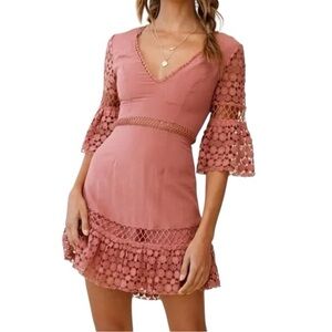 Saints + Secrets Dress Women’s XS Rose Taupe Cutout Crochet V-Neck